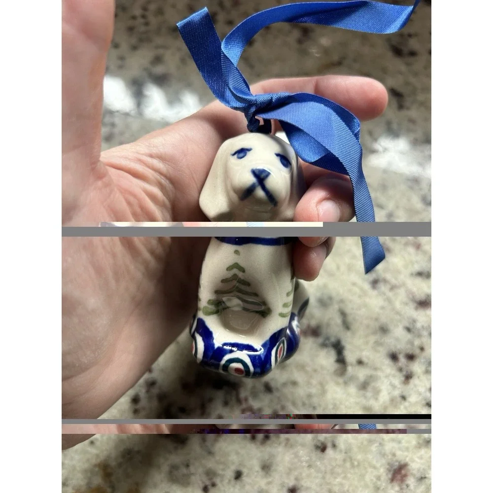 Polish Pottery Dog Christmas Tree Ornament Hand Painted Stoneware Poland Unmark